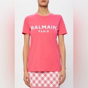 BALMAIN Logo Printed Gold Button Crewneck T-Shirt